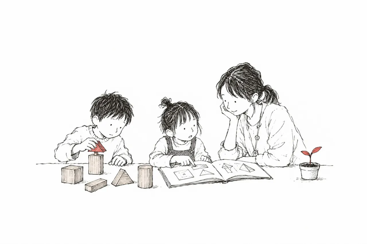 先生と子どもたちが学ぶ様子の挿絵