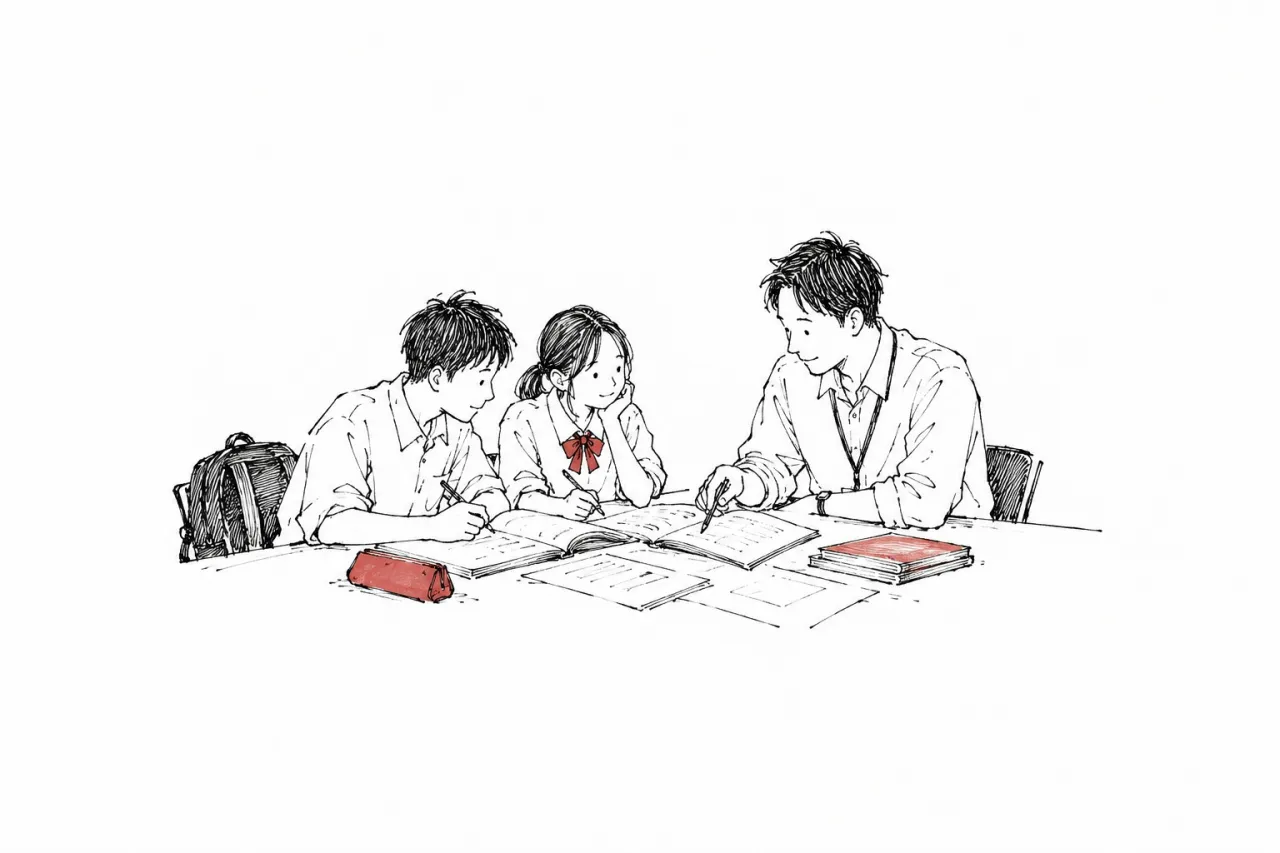 先生と中学生が教材を囲んで学ぶ様子の挿絵