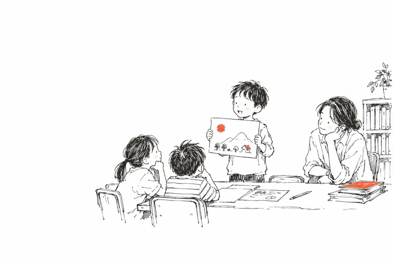 先生と子どもたちが学ぶ様子の挿絵